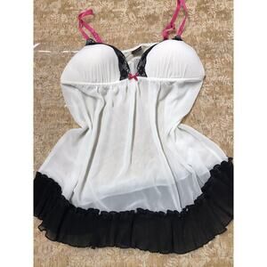 90s Apt 9 Babydoll Dres Womens XL White Blk Lace Sheer Ruffle Lingerie Sexy Y2K